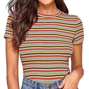 NWT Milumia Women's Casual Multi Striped Ribbed Short Sleeve Solid Tee Knit Top